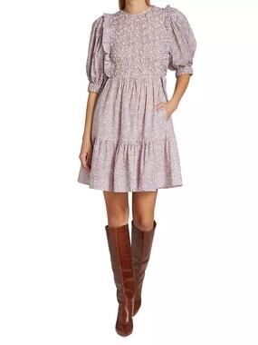Sea NY Ida Lavender Floral Puff Sleeve Dress Knee Length Cottagecore XL